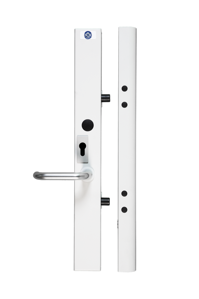 Serrure motorisée applique 2 points 12V AC/DC droite avec béquille de sortie libre - ht 595mm - anti-effraction - gâche en Y brevetée pour le rattrapage des portes - fabriquée en France