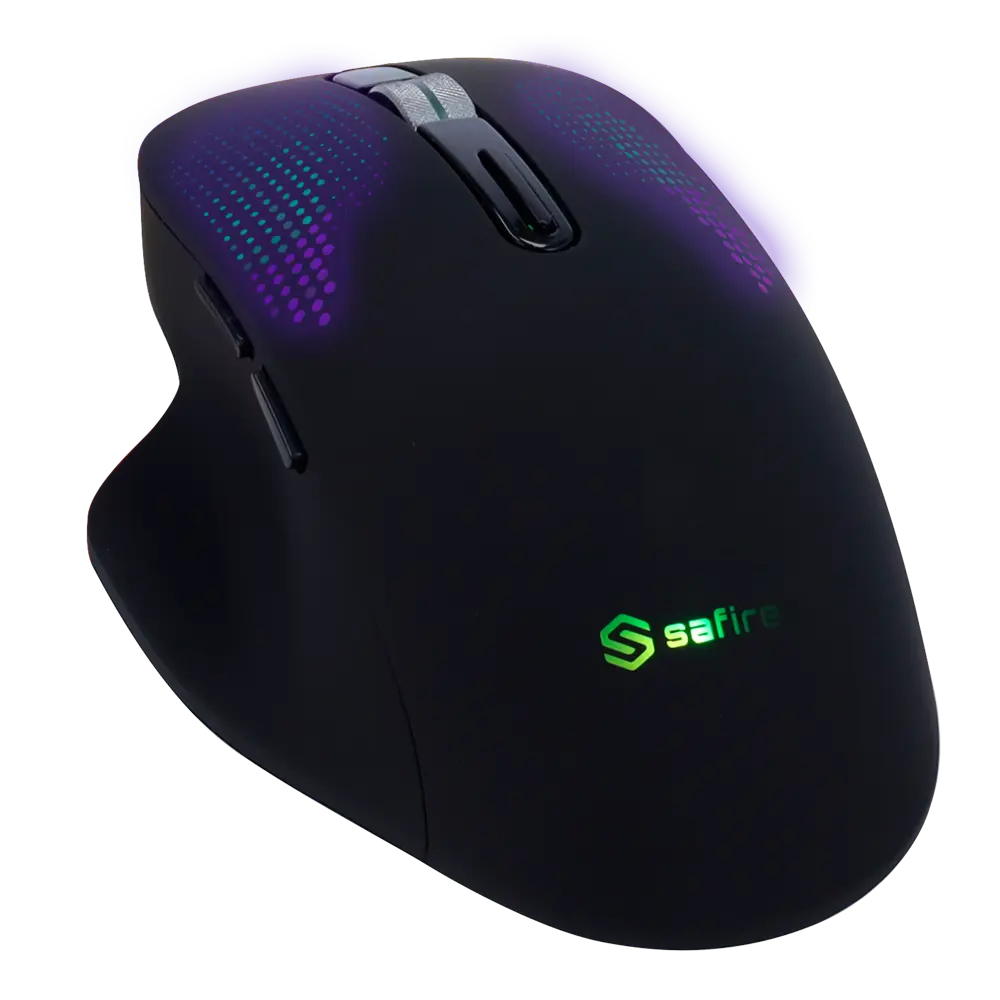 Souris optique sans fil Safire Fréquence: 2.4GHz RF Boutons latéraux pour un défilement rapide Molette de défilement avant et après l'affichage Réglage de la résolution DPI