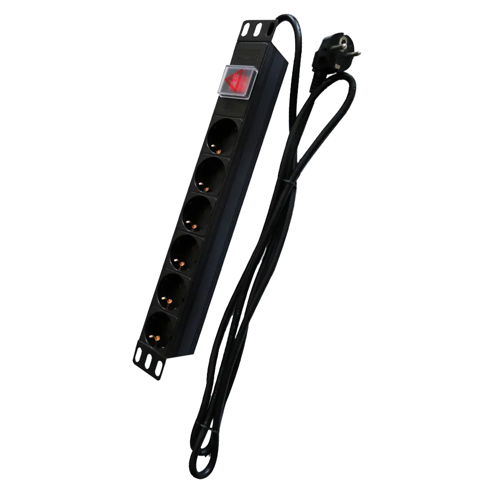 Multiprise rackable avec interrupteur central 6 sorties jusqu'à 250VAC / 16 A max. - Bouton de réinitialisation en cas de surcharge Couleur noir