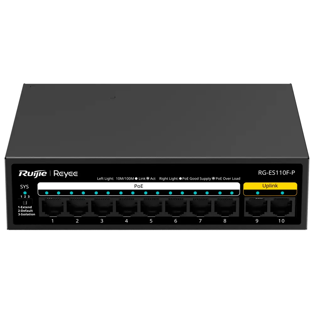 Reyee Switch PoE de bureau Boîtier métallique 8 ports RJ45 10/100 Mbps PoE+ 802.3af/at 2 ports de liaison Uplink RJ45 10/100 Mbps Plug and Play Technologie d'économie d'énergie