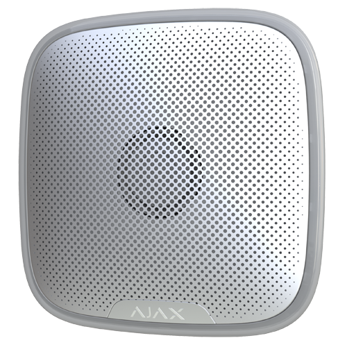 [AJA-STREETSIREN-W] Ajax - Sirène pour extérieur - Certificat de grade 2 - Bidirectionnel - Sans fil 868 MHz Jeweller - Antenne interne espace libre 2000 m - 85~113 dB a 1 m de distance - Durée maximale du son 3 minutes - Lumière d'avertissement d'alarme et armer/désarmer - 