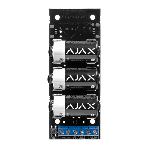 [AJA-TRANSMITTER] Ajax - Émetteur par radio - Sans fil 868 MHz Jeweller - Antenne interne espace libre 1600 m - Entrée câblée d'alarme et tamper anti-sabotage - Détection d'inhibition - Tamper anti-ouverture - Sortie d'alimentation 3 V - Alimentation 3 pile CR123A 3.0 V - 