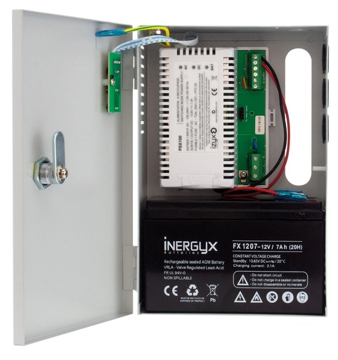 [IZX-PSX100-121.5] Alimentation Chargeur (secourue) en coffret métal PSX100, 230V AC / 12V DC (13,8V) / 1,5A, 164 x 244 x 74 mm, voyants d'état en façade, triple protection en sortie (court-circuit / surcharge / surtension)