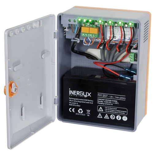 [IZX-RSXV12034C] Alimentation multivoies chargeur (secourue) en coffet ABS RSXV-C, 4 voies, 230V AC / 12V DC (13,8V) / 3A / 173 x 223 x 103 mm, contact d'autoprotection, voyants d'état face avant, protection fusible en entrée et sorties