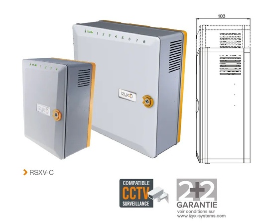 [IZX-RSXV12084C] Alimentation multivoies chargeur (secourue) en coffret ABS RSXV-C, 4 voies, 230V AC / 12V DC (13,8V) / 8A - 271 x 265 x 103 mm, contact d'autoprotection, voyants d'état face avant, protection fusible en entrée et sorties