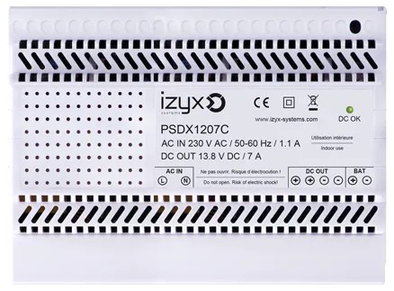 [IZX-PSDX1207C] Alimentation PSDX chargeur (secourue) rail DIN 7M 230V AC / 12V DC (13,8V) / 7A, triple protection en sortie (court-circuit / surcharge / surtension)