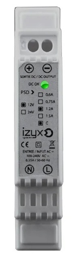 [IZX-PSDX240.75] Alimentation PSDX rail DIN 1M 230V AC / 24V DC / 0.75A, triple protection en sortie (court-circuit / surcharge / surtension)