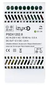 [IZX-PSDX1202.8] Alimentation PSDX rail DIN 3M 230V AC / 12V DC (12-14V) / 2,8A, triple protection en sortie (court-circuit / surcharge / surtension)