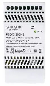 [IZX-PSDX1205HE] Alimentation PSDX rail DIN 3M 230V AC / 12V DC (12-14V) / 5A, triple protection en sortie (court-circuit / surcharge / surtension)
