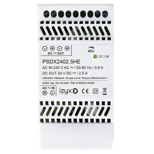 [IZX-PSDX2402.5HE] Alimentation PSDX rail DIN 3M 230V AC / 27,6V DC (24-28V) / 2,5A, triple protection en sortie (court-circuit / surcharge / surtension)