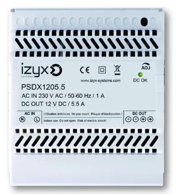 [IZX-PSDX1205.5] Alimentation PSDX rail DIN 5M 230V AC / 12V DC (12-14V) / 5,5A, triple protection en sortie (court-circuit / surcharge / surtension)