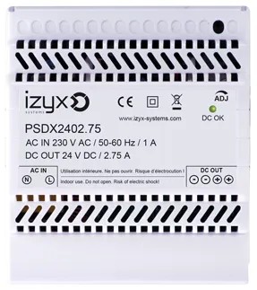 [IZX-PSDX2402.75] Alimentation PSDX rail DIN 5M 230V AC / 27,6V DC (24-28V) / 2,75A, triple protection en sortie (court-circuit / surcharge / surtension)