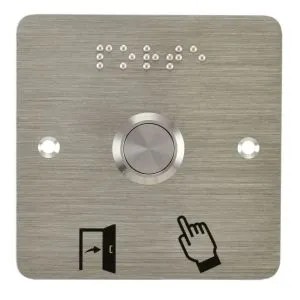 [IZX-SS19WP201] Bouton poussoir SS19 acier inox Ø 19 mm, Contact NO+NC, raccordement par fils (précablé) + Plaque acier inox SSP201, 80 x 80 mm, perçage Ø 19 mm, pictogrammes "Porte + doigt" et "PORTE" en braille
