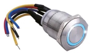 [IZX-SS19B12W] Bouton poussoir SS19, acier inox Ø 19 mm, Halo bleu, 12V AC/DC, Contact NO+NC, raccordement par fils (précablé)
