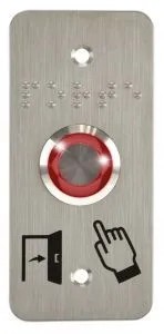 [IZX-SS19R12P101] Bouton poussoir SS19, acier inox, Ø 19 mm, Halo rouge, 12V AC/DC, Contact NO+NC, raccordement par bornes à vis +  Plaque acier inox SSP101, 39,5 x 84,5 mm, perçage Ø 19 mm, pictogrammes "Porte + doigt" et "PORTE" en braille