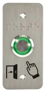 [IZX-SS19G12CP101] Bouton poussoir SS19, acier inox, Ø 19 mm, Halo vert, 12V AC/DC, Contact NO+NC, raccordement par cosses à souder +  Plaque acier inox SSP101, 39,5 x 84,5 mm, perçage Ø 19 mm, pictogrammes "Porte + doigt" et "PORTE" en braille