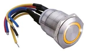 [IZX-SS19Y12W] Bouton poussoir SS19, acier inox, Ø 19 mm, Halo jaune, 12V AC/DC, Contact NO+NC, raccordement par fils (précablé)
