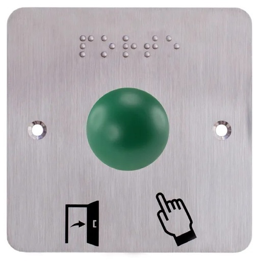 [IZX-SS19D32P201] Bouton poussoir SS19 ergonomique, dome vert, Contact NO+NC + Plaque acier inox SSP201, 80 x 80 mm, perçage Ø 19 mm, pictogrammes "Porte + doigt" et "PORTE" en braille