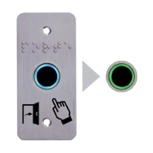 [IZX-IRS19P101] Capteur Infrarouge IRS, Ø 19 mm, 12/24V DC, Halo bleu/vert, Relais temporisé + Plaque acier inox SSP101, 39,5 x 84,5 mm, perçage Ø 19 mm, pictogrammes "Porte + doigt" et "PORTE" en braille