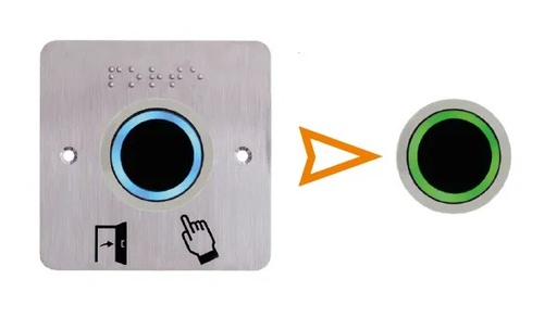 [IZX-IRS38P231] Capteur Infrarouge IRS, Ø 38 mm, 12/24V DC, Halo bleu/vert, Relais temporisé + Plaque acier inox SSP231, 80 x 80 mm, perçage Ø 38 mm, pictogrammes "Porte + doigt" et "PORTE" en braille