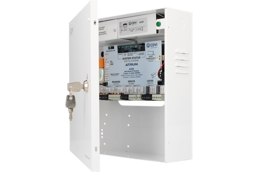 [CDV-A22K] Contrôleur ATRIUM KRYPTO en coffret • 2 portes & 4 lecteurs Bus/Wiegand, du 125kHz au Mifare Desfire EV2 • Jusqu'à 250 centrales & 500 portes en simultanés • Logiciel/Webserver inclus • Gestion des ascenseurs, plans, caméras…