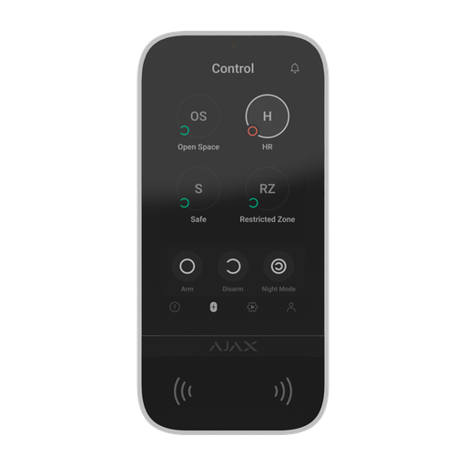 [AJA-KEYPADTOUCHSCREEN-W] Clavier avec écran tactile IPS et lecteur RFID Armement/désarmement total ou groupé Contrôle des scénarios d'automatisation Authentification : codes, lecteur RFID ou Bluetooth Alimentation 6 piles AA 1,5 V ou 12VDC Certificat de grade 2