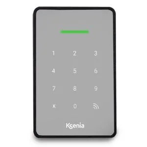 [KSI-ERGO-XG] Clavier extérieur à membrane ergo-X ; avec 2m de câble 8x0.22mm, 2 bornes I/O (OC 500 mA max.). Lecteur RFID intégré, avertisseur sonore multi-tons et protection anti-vandale.Montage dans boîtier encastrable DIN503.gris.