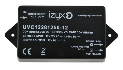 [IZX-UVC12281250-12] Convertisseur de tension : In 12-24V AC ou 12-50V DC / Out 12V DC 1A, raccordement à fils
