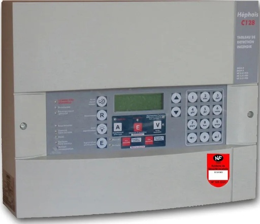 [ASD-HEPH128-C] HEPHAIS C128 - avec 2 batteries 12V/7Ah et 1 batterie 12V/1,2Ah ECS/CMSI adressable en coffret mural d'une capacité de 128 points sur 4 lignes ou 2 boucles. Intègre 1 UGA.1 (1 ou 2 lignes) et 2 fonctions à rupture sans contrôle.
