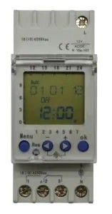 [IZX-DTD121] Horloge digitale DTD, programmation hebdomadaire, écran LCD, fixation rail DIN, 2M, 12V AC/DC, 1 contact inverseur (58 pas), programmation intuitive