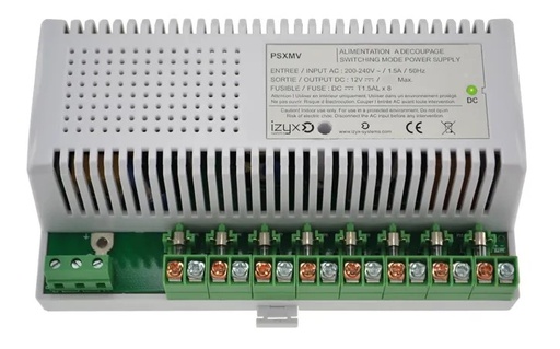 [IZX-PSXMV-12108] Module alimentation multivoies PSXMV, 10M, 8 voies, 230V AC / 12V DC (12-14V) / 10A, voyant d'état face avant, protection interne en entrée et fusible en sortie