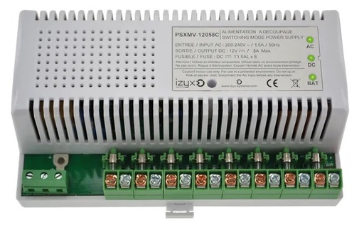 [IZX-PSXMV-12058C] Module alimentation multivoies chargeur (secourue) PSXMV, 10M, 8 voies, 230V AC / 12V DC (13,8V) / 5A, voyant d'état face avant, protection interne en entrée et fusible en sortie