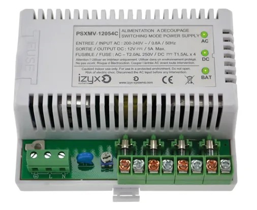 [IZX-PSXMV-12054C] Module alimentation multivoies chargeur (secourue) PSXMV, 7M, 4 voies, 230V AC / 12V DC (13,8V) / 5A, voyant d'état face avant, protection fusible en entrée et sortie