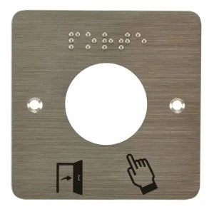 [IZX-SSP231] Plaque acier inox SSP231, 80 x 80 mm, perçage Ø 38 mm, pictogrammes "Porte + doigt" et "PORTE" en braille