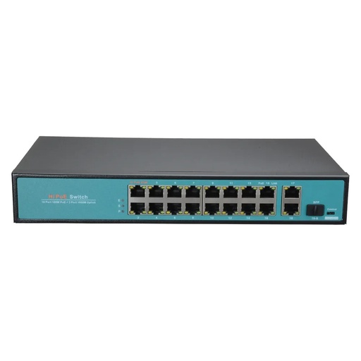 [VDO-SW1916-F-300-HIPOE] Switch PoE 16 ports PoE + 2 Uplink GIGA + 1 SFP Vitesse des ports 10/100 Mbps 65W port 1 / 30W port 2-16 / Maximum 300W Mode CCTV jusqu'à 250m a 10Mbps Hi-PoE / IEEE802.3at (PoE+) / af (PoE)