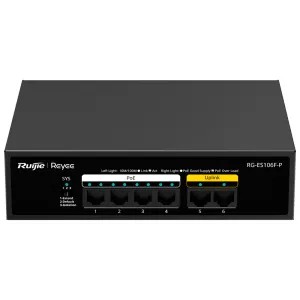 [REY-RG-ES106F-P] Switch PoE Reyee Boîtier métallique 6 ports RJ45 10/100 Mbps 4 Ports PoE+ 802.3af/at + 2 Ports Uplink Plug and Play Technologie d'économie d'énergie
