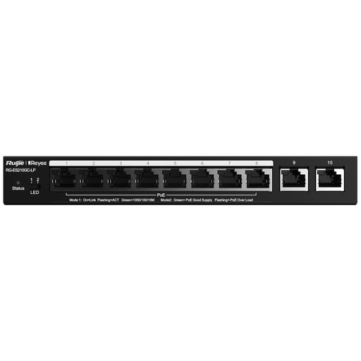[REY-RG-ES210GC-LP] Switch Reyee PoE administrable Cloud 8 ports PoE 802.3af/at + 2 Uplink RJ45 8 RJ45 10/100/1000Mbps + 2 RJ45 10/100/1000Mbps 30W par port 802.3af/at / Maximum 70W VLAN/Port Isolation/Loop Detection Port Speed Limit