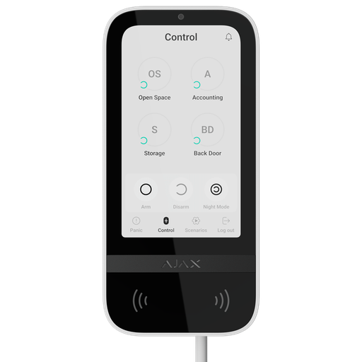 [FIB-KEYPADTOUCHSCREEN-W]  Clavier à écran tactile IPS avec lecteur RFID Armement/désarmement complet ou groupé. Contrôle des scénarios d'automatisation. Authentification: codes, lecteur RFID ou Bluetooth Connexion filaire et alimentation électrique externe à 12VDC. Certifié Grade 3