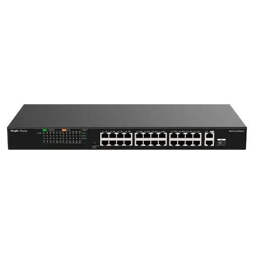 [REY-RG-ES126FGS-P] Reyee Switch PoE de bureau 24 Ports RJ45 + 1 Uplink RJ45 + 1 SFP Combo 24 Ports 10/100Mbps + 2 Ports 10/100/1000Mbp 24 Ports PoE+ 802.3af/at | Puissance totale 370W Isolation des ports / Contrôle de flux / Surveillance PoE Plug and Play