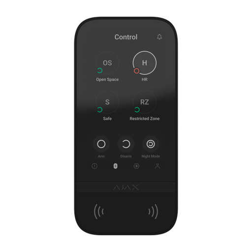[AJA-KEYPADTOUCHSCREEN-B] Clavier à écran tactile IPS avec lecteur RFID - Armement/désarmement complet ou groupé - Contrôle des scénarios d'automatisation - Authentification: codes, lecteur RFID ou Bluetooth - Alimentation 6 piles AA 1.5 V ou 12VDC - Certifié Grade 2