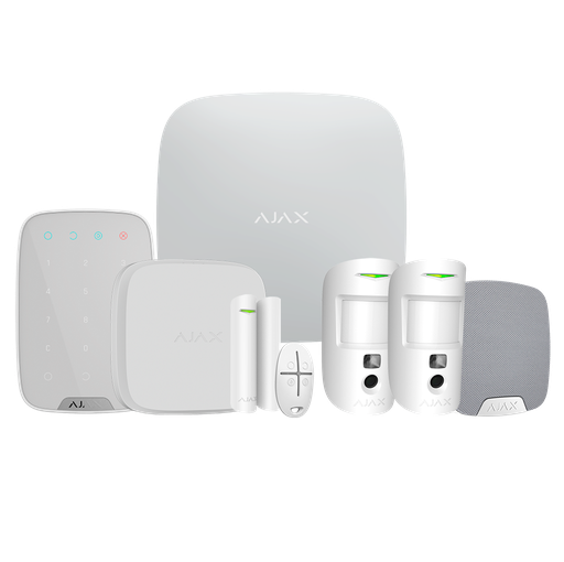 [AJA-KITAVANZADO-W] Kit de alarma profesional - Certificado Grado 2 - Comunicación Ethernet / dual SIM 4G - Inalámbrico 868 MHz Jeweller y Wings - Ajax HUB 2 2G, 2 PIRCAM y Contacto magnético - 1 mando, 1 teclado y 1 sirena interior