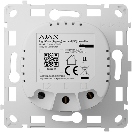 [AJA-LIGHTCORE-1G-VERT] Relais vertical à interrupteur intelligent unique - Sans fil 868 MHz Jeweller - Portée de communication jusqu'à 1100 m - Alimentation électrique 230 V CA 50 Hz - Pas besoin de câble neutre - Ajax - LightSwitch LightCore Vertical (1 Gang)