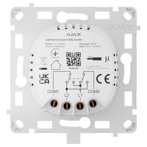 [AJA-LIGHTCORE-CROSS] Relais pour l'interrupteur des feux de croisement - Sans fil 868 MHz Jeweller - Portée de communication jusqu'à 1100 m - Alimentation électrique 230 V CA 50 Hz - Pas besoin de câble neutre - Ajax - LightSwitch LightCore (Crossover)