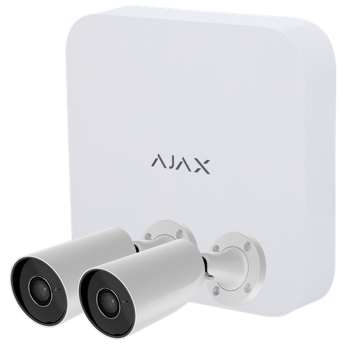 [AJA-NVRKIT108-2XBULLET-W] Kit de vidéosurveillance Ajax - Enregistreur Ajax de 8 canaux   - 2 caméras Bullet de 5 Mpx Ajax - LED IR Portée 50m, PoE 802.3at - Avec l'intelligence artificielle - Compatible avec ONVIF/RTSP
