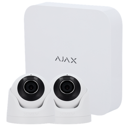 [AJA-NVRKIT108-2XTURRET-W] Kit de vidéosurveillance Ajax - Enregistreur Ajax de 8 canaux   - 2 caméras Turret de 5 Mpx Ajax - LED IR Portée 50m, PoE 802.3at - Avec l'intelligence artificielle - Compatible avec ONVIF/RTSP