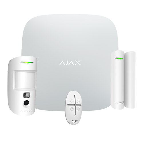 [AJA-STARTERKIT-CAM-4G-W] Kit d'alarme professionnelle - Certifié Grade 2 - Communication Ethernet et double SIM 4G (LTE) - Sans fil 868 MHz Jeweller et Wings - Ajax HUB 2, 1PIRCAM - 1 Contact magnétique et 1 télécommande