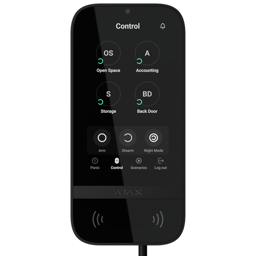 [FIB-KEYPADTOUCHSCREEN-B] Clavier à écran tactile IPS avec lecteur RFID - Armement/désarmement complet ou groupé - Contrôle des scénarios d'automatisation - Authentification: codes, lecteur RFID ou Bluetooth - Connexion filaire et alimentation électrique externe à 12VDC - Certifié Grade 3