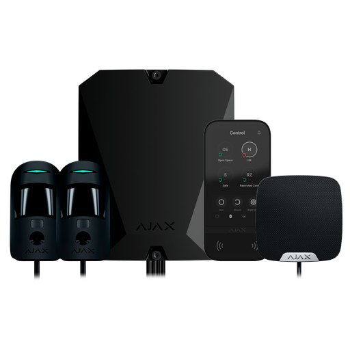 [FIB-KIT6-PRO-4G-B] Kit d'alarme professionnelle - Certifié Grade 2 - Communication Ethernet et double SIM 4G - Protocoles Jeweller, Wings et Fibra - Inclus: panneau hybride, 2 PIRCAMs câblés, - Sirène intérieure et clavier à écran tactile