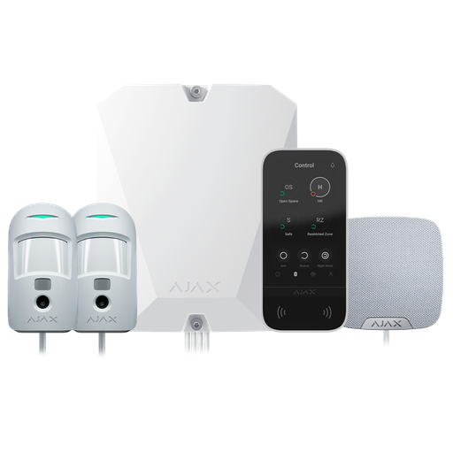 [FIB-KIT6-PRO-4G-W] Kit d'alarme professionnelle - Certifié Grade 2 - Communication Ethernet et double SIM 4G - Protocoles Jeweller, Wings et Fibra - Inclus: panneau hybride, 2 PIRCAMs câblés, - Sirène intérieure et clavier à écran tactile