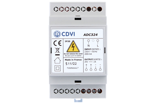 [CDV-ADC324] Alimentation à découpage 24V DC 2A non-secourue • Compacte : 3 modules rail DIN protégés en primaire & secondaire par électronique • Régulée & filtrée, haut rendement • Boitier ignifugé • Fabriquée en France